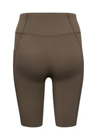 Bruine hooggewaisted fiets short van een gladde, elastische stof met subtiele stiksels en een logo aan de onderzijde rechts.