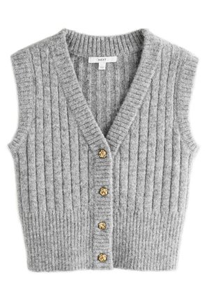 Sivý rebrovaný pletený bezrukávový kardigán s výstrihom do V a štyrmi dekoratívnymi zlatými gombíkmi v tvare uzlov po celej prednej časti.