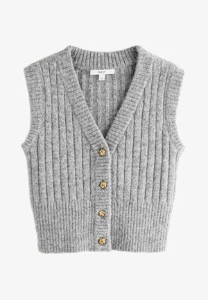 Grauer, gerippter, ärmelloser Strickcardigan mit V-Ausschnitt und vier dekorativen goldenen Knotenknöpfen an der Vorderseite.