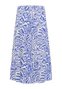 Fustă cu un model albastru și alb, cu un brâu elastic, având un design fluid și un model grafic, texturat, cu dungi de zebră.