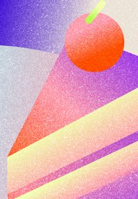 Αφηρημένο γραφικό που απεικονίζει έναν υφασμένο πορτοκαλί κύκλο με ένα πράσινο κοτσάνι, σε ζωντανό φόντο από γραμμές σε μοβ, κόκκινο και κίτρινο.