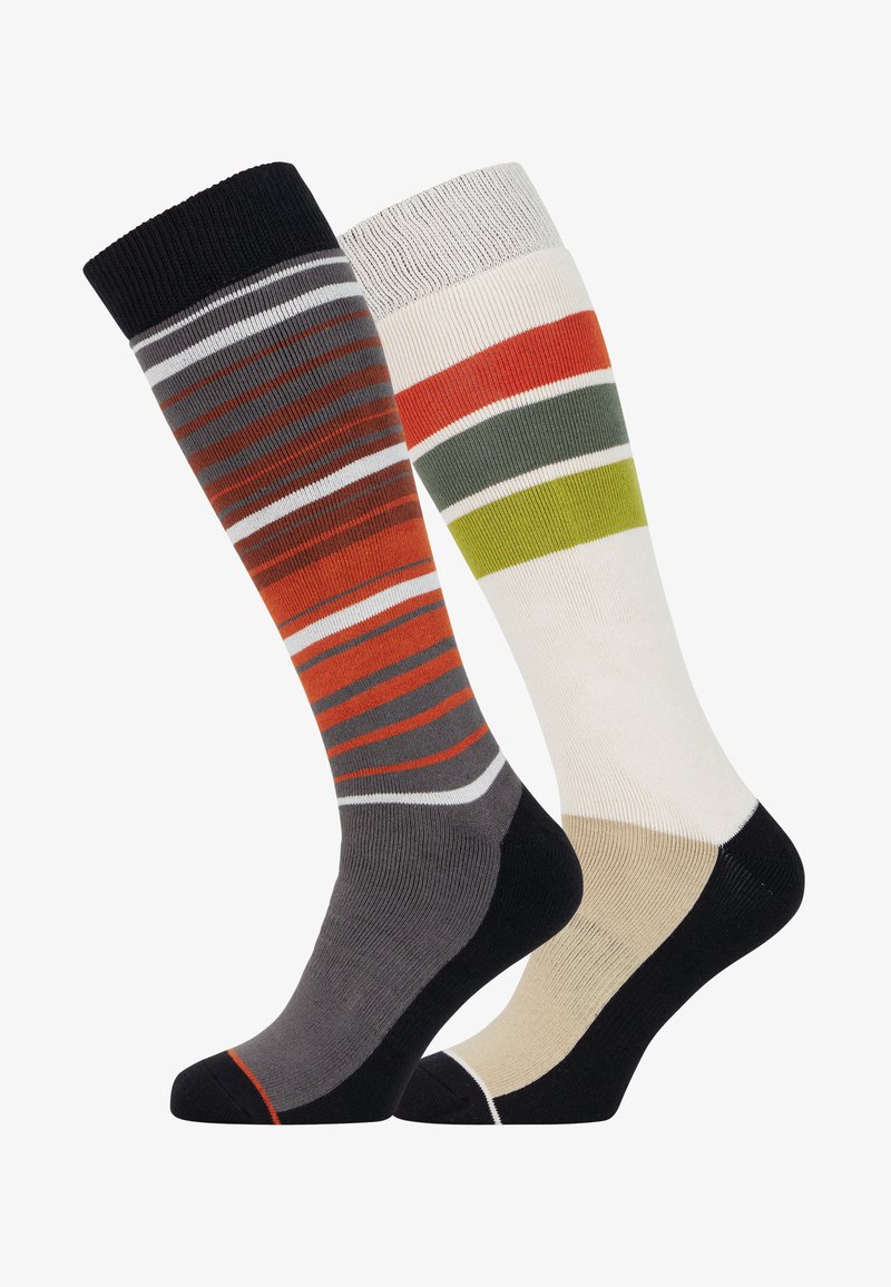 Kniesokken in twee ontwerpen: de ene met grijze en multicolore strepen, de andere met roomkleurige en gekleurde horizontale strepen. Van katoenmixmateriaal.