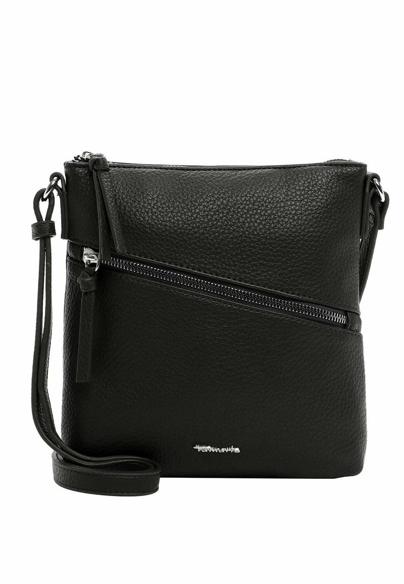 Zwarte leren crossbodytas met een gestructureerde afwerking, voorzien van een diagonale ritstas, verstelbare riem en zilverkleurige hardware.