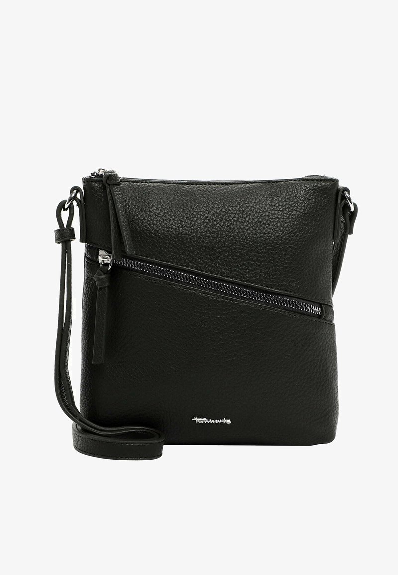 Zwarte leren crossbodytas met een gestructureerde afwerking, voorzien van een diagonale ritstas, verstelbare riem en zilverkleurige hardware.