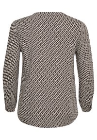 Langærmet bluse i brune og hvide geometriske mønstre. Har rund halsudskæring, letvægtsstof og en afslappet pasform.