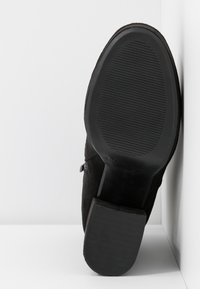 Bottine en daim noir montrant une semelle en caoutchouc texturée, un talon bloc et une fermeture éclair latérale. La semelle présente des rainures horizontales pour l'adhérence.