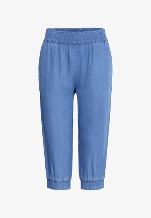 Gaiši zili saīsināti bikses ar elastīgu savilkumu jostas vietā un potīšu aprocēm, izgatavotas no mīksta, viegla auduma ikdienas valkāšanai.