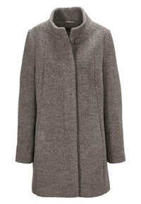 Gray wool coat with a high collar, single button closure, and a straight silhouette. Features a textured, warm fabric.