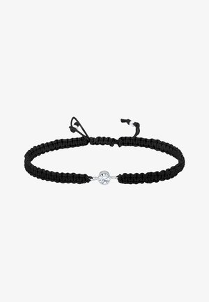 Bracelet tressé noir avec un cristal transparent central, design ajustable avec fermetures en nœud. Présente un cordon texturé pour une meilleure prise.