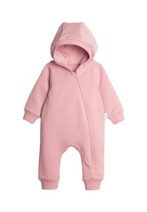 Miękki różowy niemowlęcy kombinezon z kapturem, długimi rękawami, ściągaczami na mankietach i ukośnym zamkiem błyskawicznym z przodu.