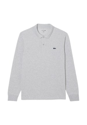 Lichtgrijs longsleeve polo shirt van zacht katoen, met een kraag, drie-knoopsluiting en een klein marineblauw merkembleem op de borst.