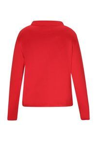 Rode longsleeve polo met kraag en een gladde, effen textuur. Beschikt over een afgeronde achterkant en geborduurde details langs de randen.