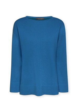 Maglione lavorato a maglia blu brillante con collo rotondo, maniche lunghe e vestibilità rilassata. Presenta una texture liscia e polsini e orlo ribattuti.