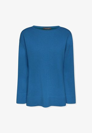 Maglione lavorato a maglia blu brillante con collo rotondo, maniche lunghe e vestibilità rilassata. Presenta una texture liscia e polsini e orlo ribattuti.