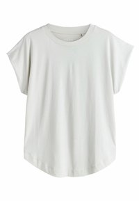 T-shirt gris clair à manches courtes en tissu doux, avec une coupe décontractée et un ourlet arrondi, agrémenté d'un logo discret à l'avant.