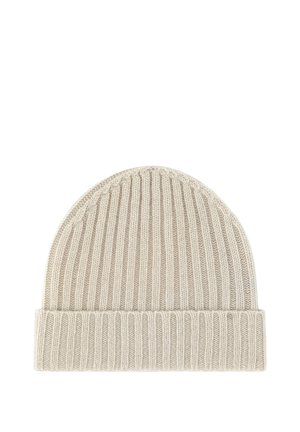 Gehaakte beanie in lichtbeige. Heeft een verticale ribbeltextuur en een opgevouwen rand. Zacht materiaal dat geschikt is voor koud weer.
