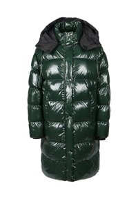 Zelený lesklý péřový kabát má polstrovaný design, vysoký límec, odnímatelnou černou kapuci a přední zapínání na knoflíky se bočními kapsami.