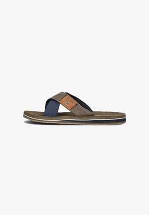 Brown and navy flip-flop sandals featuring a cross strap design, textured material, padded footbed, and a striped outsole.