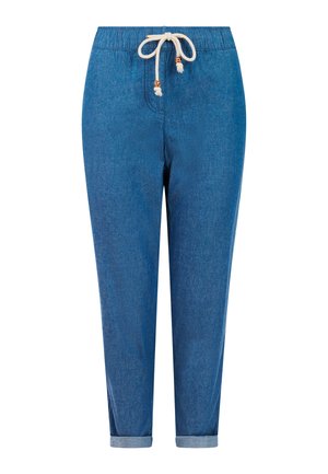 Blauwe denim broek met elastische tailleband en trekkoordsluiting. Omgeslagen enkels en een gladde textuur. Voorzien van decoratieve metalen accenten.