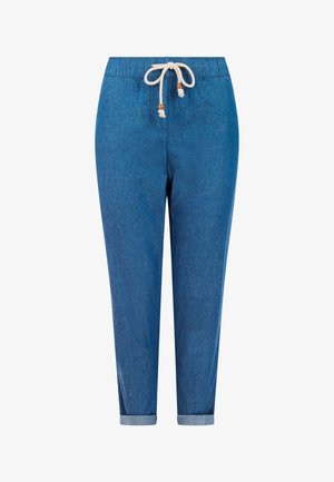 Blauwe denim broek met elastische tailleband en trekkoordsluiting. Omgeslagen enkels en een gladde textuur. Voorzien van decoratieve metalen accenten.