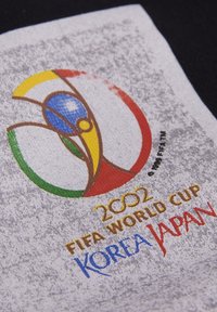 Logo van het FIFA Wereldkampioenschap 2002 op een grijze textielachtergrond. Kenmerkt een kleurrijk ontwerp met rode, gele, groene en blauwe accenten, inclusief tekst.