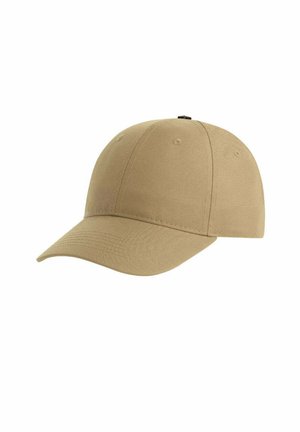 Beige baseball cap with curved brim and stitched panels, shown against a plain white background.