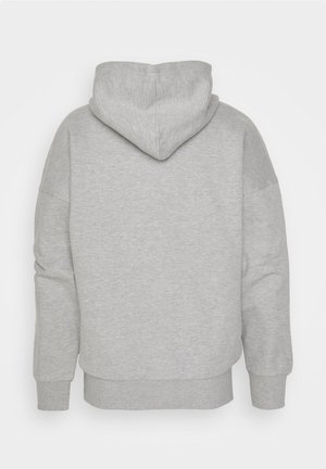 Gray hoodie with a fitted hood, wide sleeves, and ribbed hem. Soft, textured fabric with no visible patterns or hardware details.