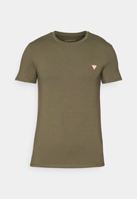 Kortærmet olivengrøn t-shirt med rund hals, med et lille rødt og hvidt trekantet Guess-logo på venstre bryst.