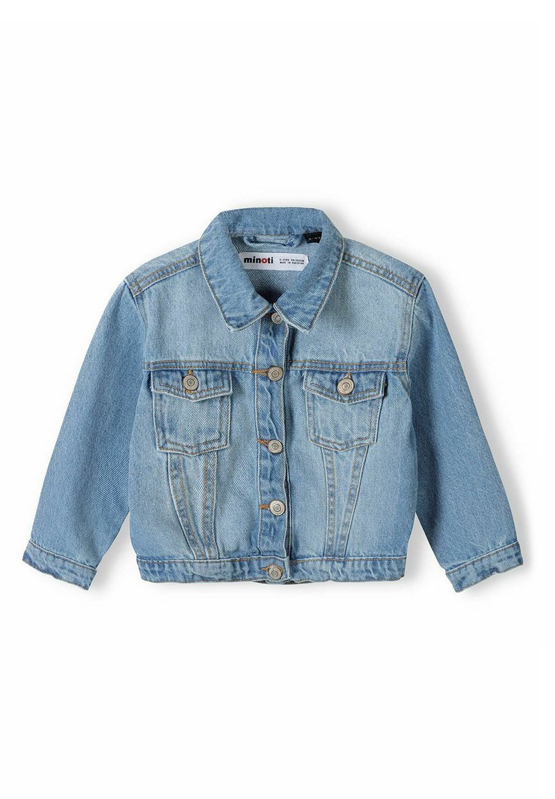 Ljust blå denimjacka med krage, knappstängning och två bröstfickor. Har stickade detaljer och lång ärm.