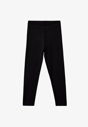 Black leggings with a smooth texture, full-length design, and elastic waistband. The fabric appears soft and form-fitting.