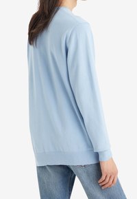 Ljusblå tröja med rund halsringning, långa ärmar, ribbade ärmslut och lös passform, kombinerad med denimjeans. Mjuk textur och enkelt design.