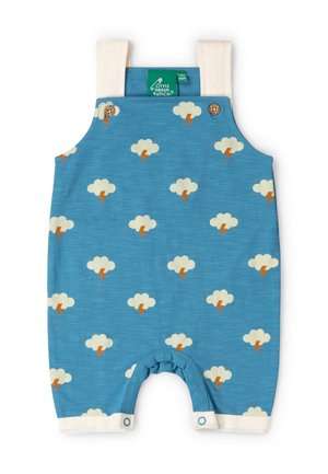 Blue baby romper with white straps, cloud and lightning bolt pattern, wooden buttons, and snap closures at the legs.