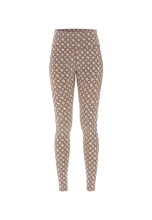 Leggings marroni con un motivo floreale bianco, texture liscia, design a vita alta e forma aderente, adatti per un abbigliamento casual.