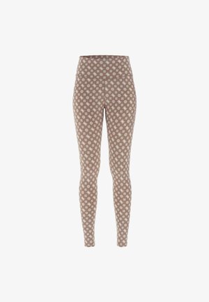 Leggings marrones con un patrón floral blanco, textura suave, diseño de cintura alta y forma ajustada, adecuados para uso casual.