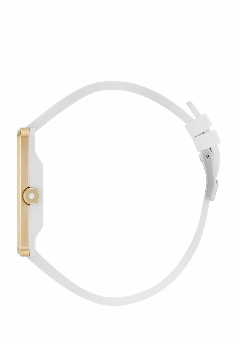 White smartwatch with a rectangular gold-accented face, smooth white band, and a side button. Features a minimalist design.