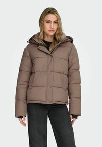 Veste en duvet de couleur taupe douce, dotée d'une capuche, d'une fermeture à boutons, d'un design matelassé et de poches latérales avec une texture extérieure lisse.