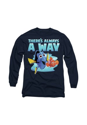 Navy long-sleeve shirt featuring cartoon fish characters, Dory and Nemo, with the text "THERE'S ALWAYS A WAY" in bold, vibrant colors.