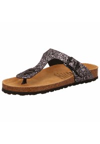 Glittery black and pink flip-flop sandal with a cork footbed, adjustable buckle, and textured rubber sole for grip.
