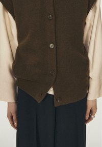 Brown knitted vest with five gray buttons, layered over a light-colored shirt, paired with dark skirt. Features a unique asymmetrical hem.