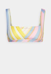 Top de biquíni colorido com largas alças em tons pastel. Apresenta linhas diagonais em amarelo, rosa, azul e branco, com um tecido suave e elástico.