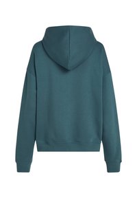 Felpa con cappuccio di color teal, caratterizzata da una vestibilità rilassata, polsini a coste e una consistenza morbida. Mostrata da dietro, evidenziando il design del cappuccio.