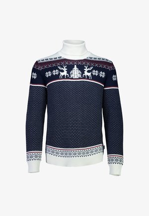 Marineblauer Rollkragenpullover mit weißen und roten Mustern von Schneeflocken und Rentieren, mit einem strukturierten Design und gerippten Bündchen und Saum.