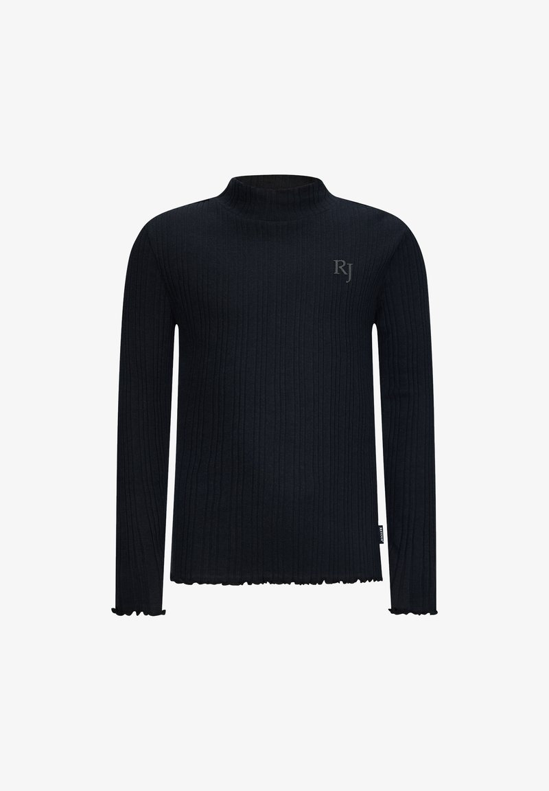 Schwarzer gerippter Strickrollkragenpullover mit langen Ärmeln. Verfügt über ein dezentes Logo "RJ" auf der Brust und einen fransigen Saumabschluss.