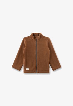 Braune Fleecejacke mit hohem Kragen und durchgehendem Reißverschluss. Verfügt über lange Ärmel und ein kleines Markenetikett auf der unteren linken Seite.
