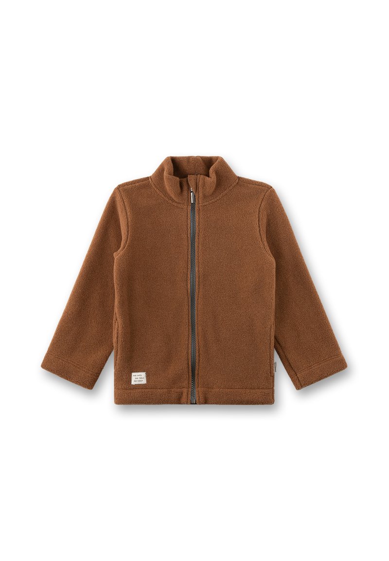 Braune Fleecejacke mit hohem Kragen und durchgehendem Reißverschluss. Verfügt über lange Ärmel und ein kleines Markenetikett auf der unteren linken Seite.