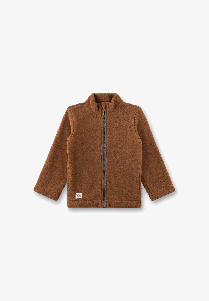 Braune Fleecejacke mit hohem Kragen und durchgehendem Reißverschluss. Verfügt über lange Ärmel und ein kleines Markenetikett auf der unteren linken Seite.