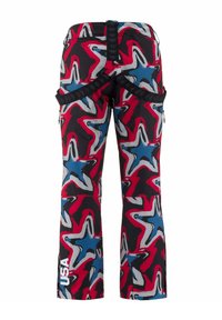 Pantaloni da sci colorati con un audace motivo a stelle in rosso, blu e grigio, dotati di una vita nera e tasche laterali per funzionalità.