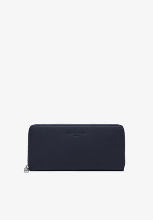 Portafoglio in pelle blu navy con cerniera zip-around, nome del marchio in rilievo e cursore della cerniera argento, mostrato su sfondo bianco.