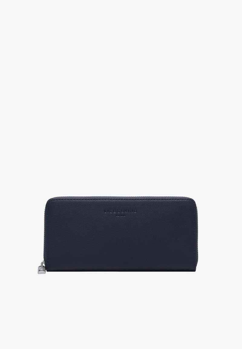 Portefeuille bleu marine en cuir à fermeture éclair sur tout le tour, avec le nom de la marque embossé et un tire-zip argenté, présenté sur fond blanc.