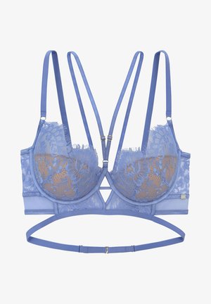 Plavi čipkasti bralet s potporom, prozirnim cvjetnim čipkastim detaljima, podesivim naramenicama i trokutastim izrezom sprijeda.